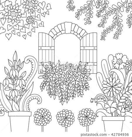 Window and beautiful garden for coloring book page 42784936