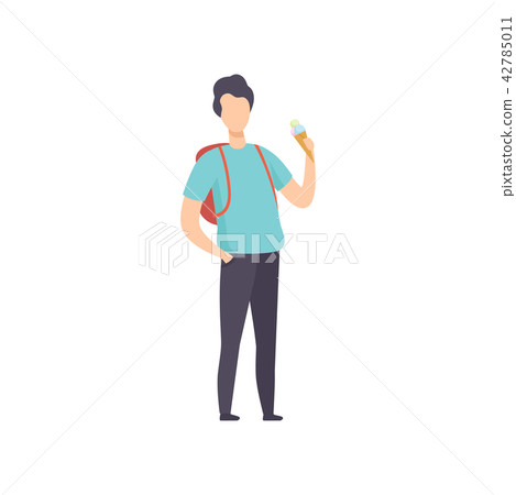 Young man eating ice cream in wafer cone, guy enjoying eating of frozen summer dessert vector Young man eating ice cream in wafer cone, guy enjoying eating of frozen summer dessert vector 42785011