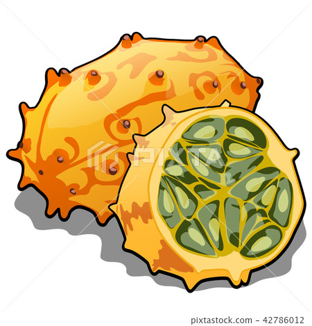 Set of whole and half of ripe kiwano fruit or Cucumis metulifer, horned melon. Element of a healthy 42786012