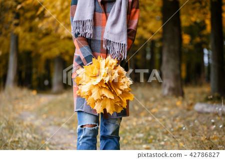 Focus on yellow leaves. Brunette woman in autumn park with fashionable plaid coat and scarf. Focus on yellow leaves. Brunette woman in autumn park with fashionable plaid coat and scarf. 42786827