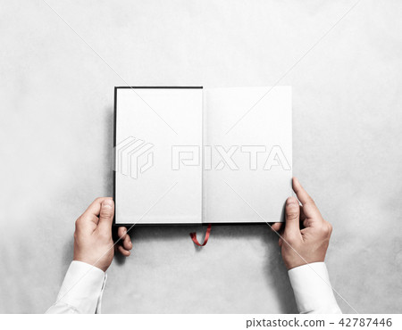 Hand holding blank opened book mock up white half title. 42787446