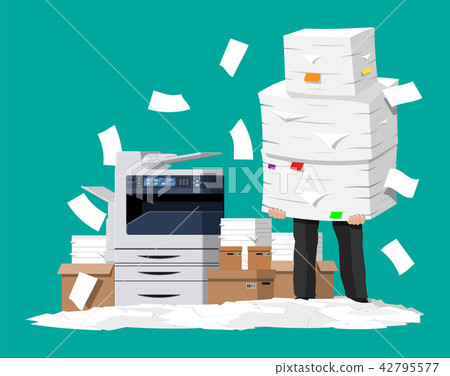 Businessman in pile of office papers and printer 42795577