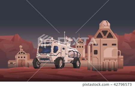 Mars rover vehicle and space colony on extraterrestrial landscape background. Space travelling Mars rover vehicle and space colony on extraterrestrial landscape background. Space travelling 42796573