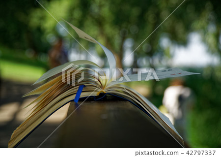 Wind turns the pages of open Notebook lies Wind turns the pages of open Notebook lies 42797337