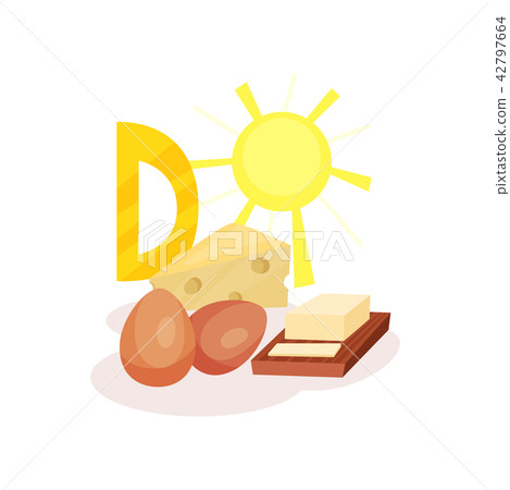 Sources of vitamin D chicken eggs, butter, cheese and sun. Organic and healthy products. Flat vector Sources of vitamin D chicken eggs, butter, cheese and sun. Organic and healthy products. Flat vector 42797664