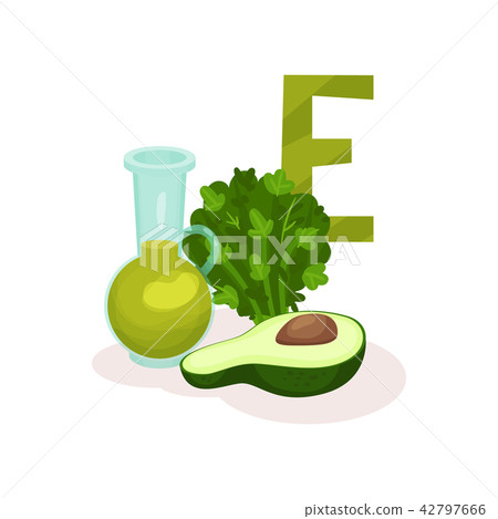 Flat vector illustration of parsley, avocado and bottle of olive oil. Organic products with lot of 42797666