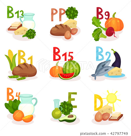 Flat vector set of products containing different vitamins. Healthy nutrition. Food theme. Elements Flat vector set of products containing different vitamins. Healthy nutrition. Food theme. Elements 42797749