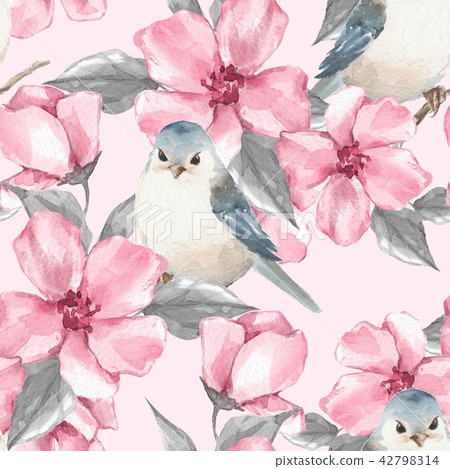 Spring pink flowers and birds. Seamless pattern 4 Spring pink flowers and birds. Seamless pattern 4 42798314