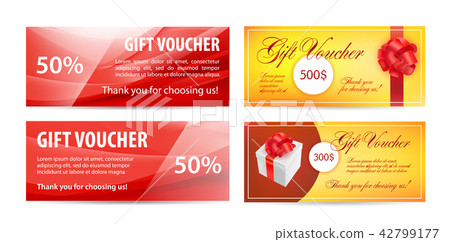 Vector set of gift vouchers. Wavy silk background, red color, realistic present Vector set of gift vouchers. Wavy silk background, red color, realistic present 42799177