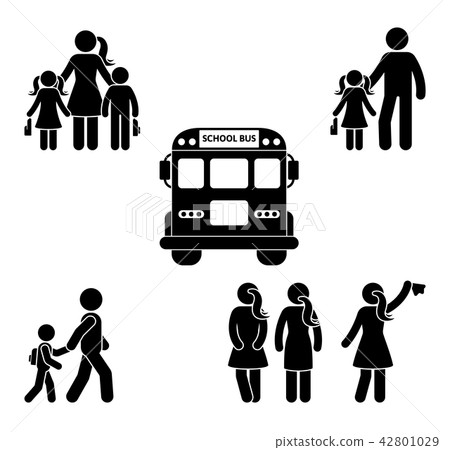 Parents and children going to school stick figure 42801029