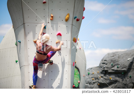 Photo from back of sports woman with short haircut in sportswear on workout at wall for rock Photo from back of sports woman with short haircut in sportswear on workout at wall for rock 42801817