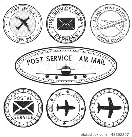 Postmarks with airplane and envelope symbols. Black ink postal stamps 42802297