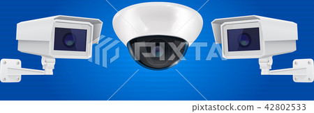 Security camera set. Wall and ceiling mount CCTV surveillance system on blue background Security camera set. Wall and ceiling mount CCTV surveillance system on blue background 42802533