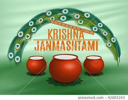 Holiday Symbols Krishna Janmashtami. Broken Pot of yoghurt, peacock feather, flute and sweets 42803203