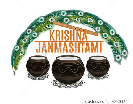 Holiday Symbols Krishna Janmashtami. Broken Pot of yoghurt, peacock feather, flute and sweets 42803204