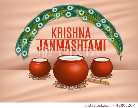 Holiday Symbols Krishna Janmashtami. Broken Pot of yoghurt, peacock feather, flute and sweets Holiday Symbols Krishna Janmashtami. Broken Pot of yoghurt, peacock feather, flute and sweets 42803207