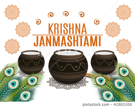 Holiday Symbols Krishna Janmashtami. Broken Pot of yoghurt, peacock feather, flute and sweets Holiday Symbols Krishna Janmashtami. Broken Pot of yoghurt, peacock feather, flute and sweets 42803208