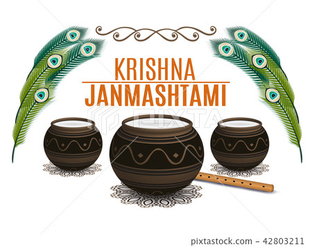 Holiday Symbols Krishna Janmashtami. Broken Pot of yoghurt, peacock feather, flute and sweets 42803211