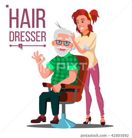 Hairdresser And Old Man Vector Client Sitting Stock