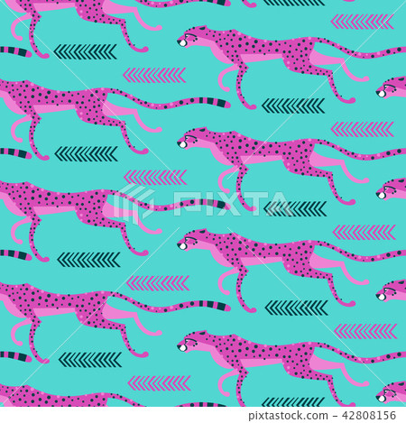 Seamless pattern with running cheetahs, leopards. Repeated exotic wild pink cats on a turquoise 42808156