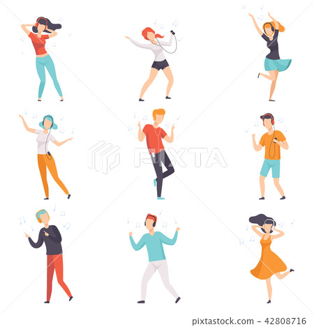 Diverse people listening music with headphones and dancing set, young faceless guys and girls in 42808716