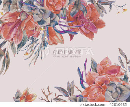 Watercolor floral template card of red flowers, Amaryllis Watercolor floral template card of red flowers, Amaryllis 42810685