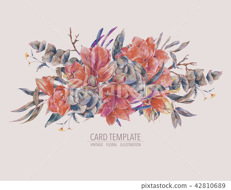 Watercolor floral template card of red flowers, Amaryllis Watercolor floral template card of red flowers, Amaryllis 42810689