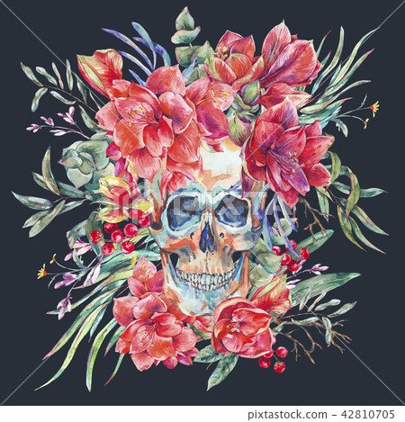Watercolor skull with red flower Amaryllis, green tropical leaves Watercolor skull with red flower Amaryllis, green tropical leaves 42810705