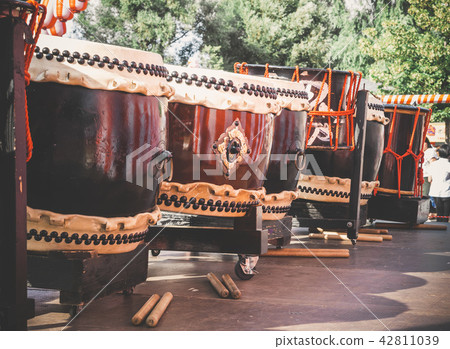 Taiko drums o-kedo and nagado-daiko on the stage yagura on holiday bon. Musical instrument of Asia 42811039