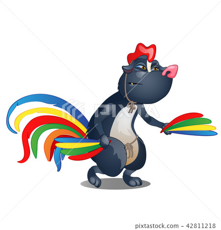 Skunk with bright feathers of a rooster isolated on a white background. Vector illustration. 42811218