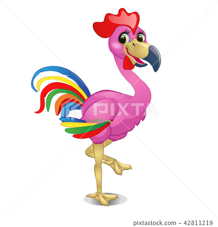 Pink flamingo with bright feathers of a rooster isolated on a white background. Vector illustration. 42811219