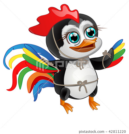Cute little penguin with bright feathers of a rooster isolated on a white background. Vector 42811220