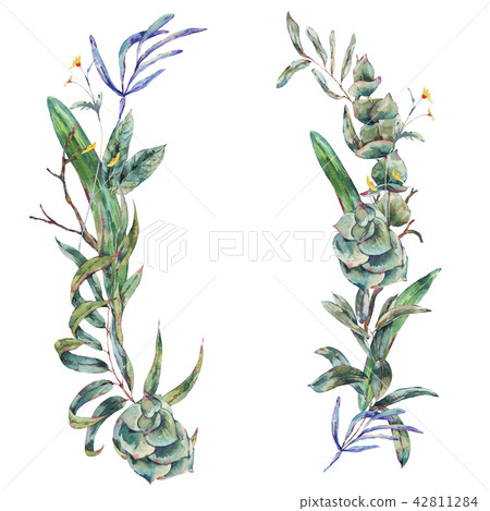 Watercolor wreath of green tropical leaves and... - Stock Illustration ...