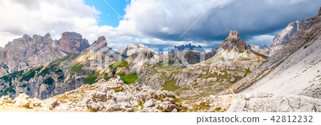 Tre Cime Hut, aka Dreizinnenhutte or Rifugion Antonio Locatelli with Torre di Toblin, aka Toblinge 42812232
