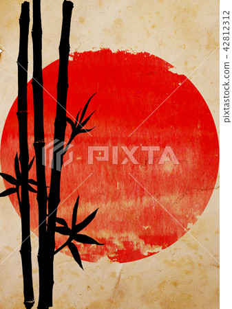 Black silhouette of bamboo plants on big red sun 42812312