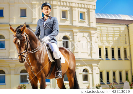 Handsome professional equestrian doing his favorite occupation Handsome professional equestrian doing his favorite occupation 42813039