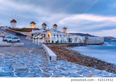 Traditional windmills at sunrise in Mykonos, Greece 42813432
