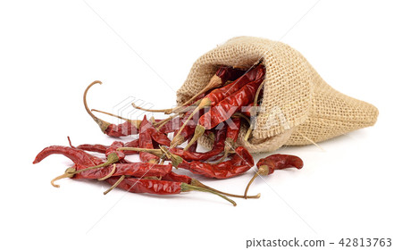 dried hotred chillies in a sack on white backgroud 42813763
