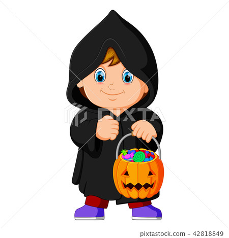 Cute kid witch walking in black cloak 42818849