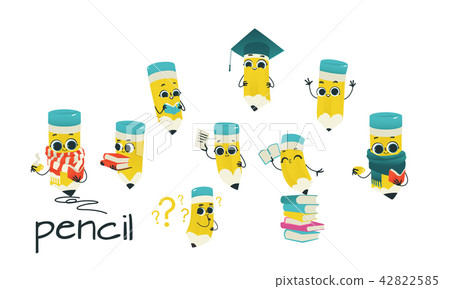 Cute pencil cartoon characters set with reading and studying office elements isolated on white Cute pencil cartoon characters set with reading and studying office elements isolated on white 42822585