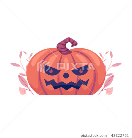 Halloween carved pumpkin with scary face emotion isolated on white background with plant leaves. Halloween carved pumpkin with scary face emotion isolated on white background with plant leaves. 42822761