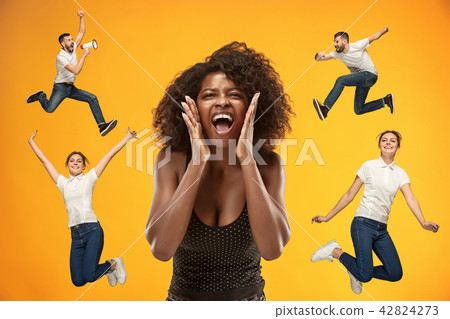 Beautiful woman looking suprised and running and jumping man and girl Beautiful woman looking suprised and running and jumping man and girl 42824273