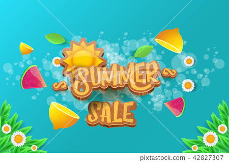 vector sammer sale horizontal banner with text, summer green grass, flying fresh lemons, flowers and 42827307