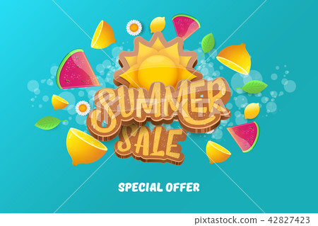 vector sammer sale horizontal banner with text, summer green grass, flying fresh lemons, flowers and 42827423