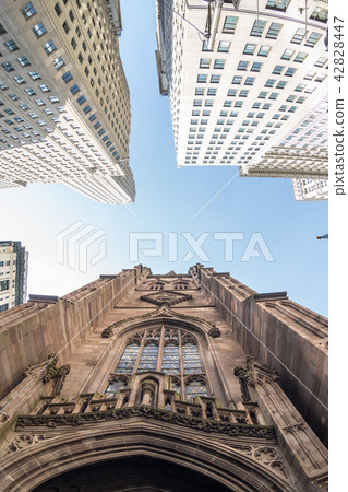 Wide angle upward view of Trinity Church at Broadway and Wall Street with surrounding skyscrapers Wide angle upward view of Trinity Church at Broadway and Wall Street with surrounding skyscrapers 42828447