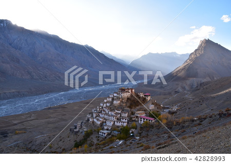 Temple and monastery densely gathering key gibbs in the Himalayas mountainous region of India Spit Valley beautiful sunset Temple and monastery densely gathering key gibbs in the Himalayas mountainous region of India Spit Valley beautiful sunset 42828993