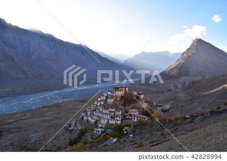 Temple and monastery densely gathering key gibbs in the Himalayas mountainous region of India Spit Valley beautiful sunset Temple and monastery densely gathering key gibbs in the Himalayas mountainous region of India Spit Valley beautiful sunset 42828994