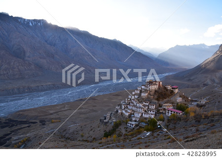 Temple and monastery densely gathering key gibbs in the Himalayas mountainous region of India Spit Valley beautiful sunset Temple and monastery densely gathering key gibbs in the Himalayas mountainous region of India Spit Valley beautiful sunset 42828995