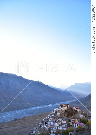 Temple and monastery densely gathering key gibbs in the Himalayas mountainous region of India Spit Valley beautiful sunset 42829004