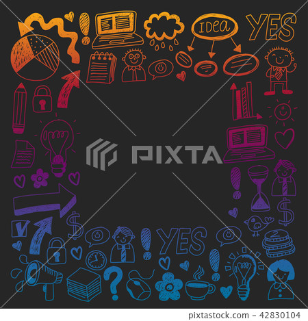 Social media and business icons. Patterns on black backgroud. Chalk illustration on blackboard Social media and business icons. Patterns on black backgroud. Chalk illustration on blackboard 42830104
